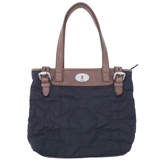 Fossil Black Quilted Purse Floral Shoulder Bag Fabric Leather - Picture 1 of 4